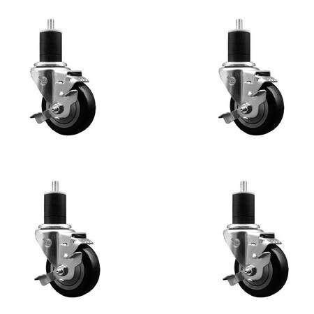 Service Caster 3.5'' Black Poly Swivel 1-3/4'' Expanding Stem Caster Set with Brake, 4PK SCC-EX20S3514-PPUB-BLK-TLB-134-4